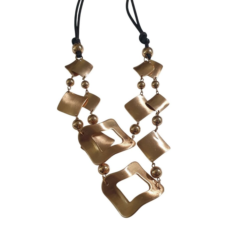 Handcrafted Gold Tone Geometric Necklace Black Cord Adjustable Modern Design